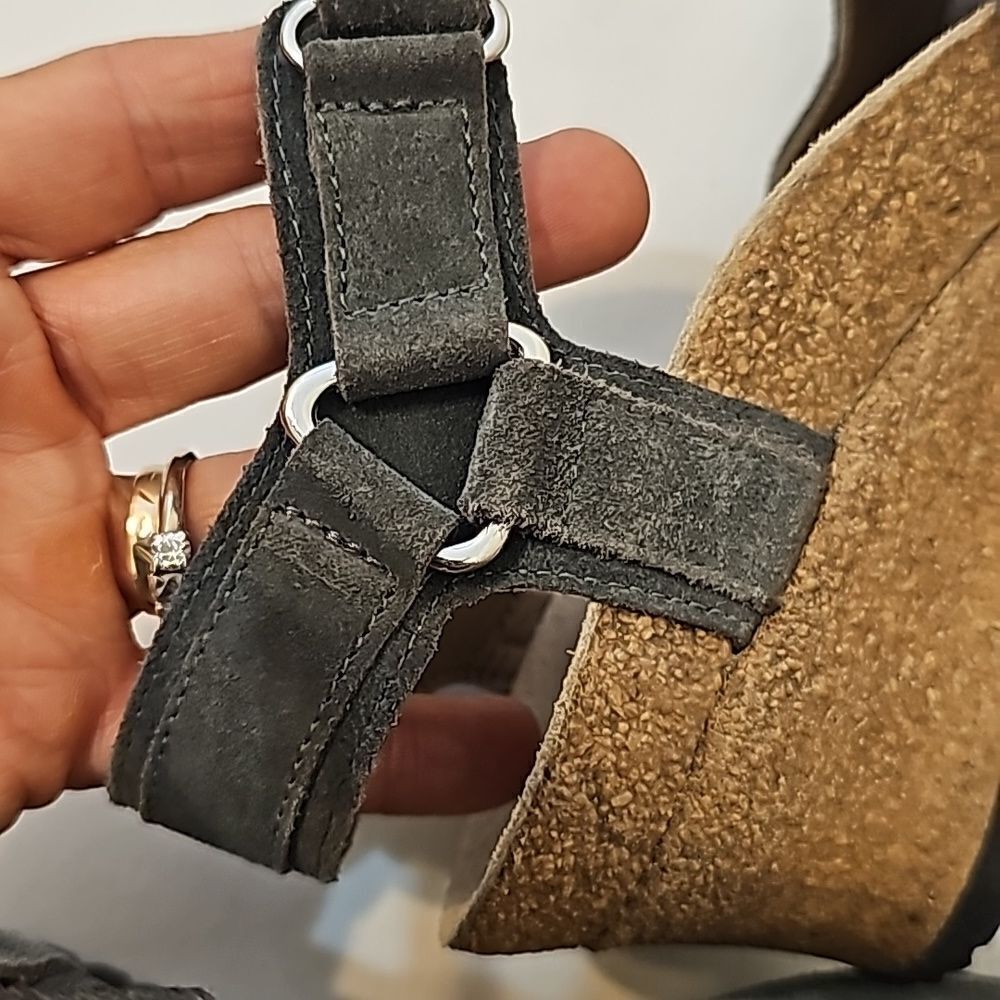 Birkenstock Papillio Eve Cork Wedge Heel Sandal Grey Suede Leather Sz 7 - Picture 8 of 8